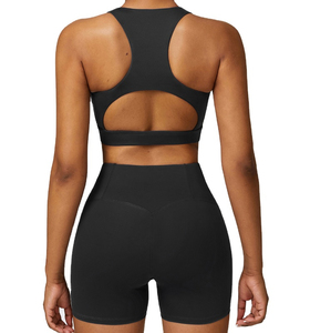 Conjunto de Yoga de 2 Piezas para Mujer, Top Corto Deportivo, Pantalones Cortos de Cintura Alta, Estampado Negro, Sin Costuras, Elástico, Transpirable - Product Image 1