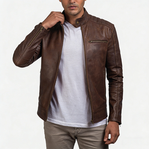 Men's <b>Brown</b> Genuine Leather Moto Jacket Stand Collar Zipper Closure Slim Fit Autumn Wear Regular Sleeve - Product Image 6