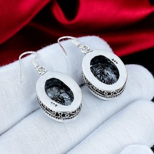 Boucles d'oreilles pendantes en quartz rutile noir, argent sterling 925, bijoux ovales faits à la main en argent pour femme, cadeau - Product Image 3