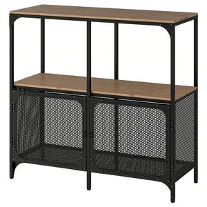 Meuble de rangement industriel en métal, étagère de présentation effet bois, organisateur à porte grillagée, finition moderne thermolaquée pour salon, bureau à domicile - Product Image 1