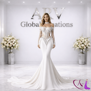 Robe de mariée sirène en dentelle blanche |   Robe de mariée élégante à épaules dénudées, manches longues, design corset ajusté, longueur ras du sol - Product Image 2