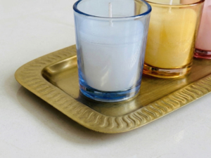 Set of 4 Votive <b>Candles</b> in Colored Glass Holders with Decorative Gold <b>Tray</b> - Product Image 3