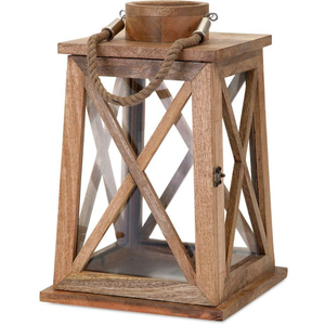 Lanterne artisanale en bois de manguier avec poignée en corde de jute, support de bougie décoratif en forme de X pour mariages champêtres et événements en plein air - Product Image 1