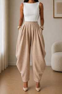 Women's High Waist Beige Linen Pants Loose Fit Pleated <b>Ankle</b>-Length Minimalist Summer Trousers - Product Image 1