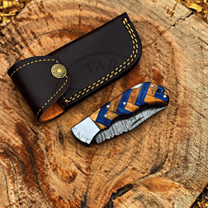 Couteau pliant artisanal en acier Damas, pointe tombante, manche en bois personnalisé, couteau de chasse de poche, étui en cuir, garantie 3 ans, DIY - Product Image 1