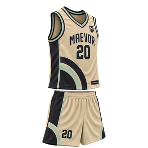 Conjunto de Uniforme de Baloncesto Personalizado para Hombre en Beige, Negro y Verde, Jersey sin Mangas con Cuello en V, Pantalones Cortos, Estampado Curvo con Nombre y Número del Equipo, Kits al por Mayor - Product Image 1