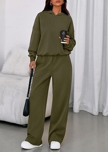 Conjunto de Sudadera con Capucha de 2 Piezas para Mujer, Color Sólido, Corte Holgado, Casual, Pantalones de Manga Larga, 100% Algodón Transpirable - Product Image 3