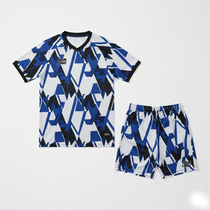 Ensemble de maillots de football personnalisés sublimés, bleu et blanc, motif géométrique, col en V, manches courtes, évacuation de l'humidité, uniformes unisexes pour adultes - Product Image 1
