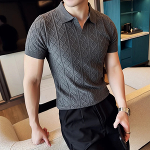 เสื้อโปโลผู้ชายแบบสวมใส่สบายสำหรับฤดูใบไม้ร่วงและฤดูหนาว ทรงเข้ารูป แขนสั้น คอปกพับได้ ถักทออย่างประณีต - Product Image 4