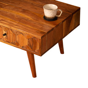 Table basse rectangulaire en bois d'acacia massif avec tiroir de rangement à motif hexagonal, finition brun foncé, pour salon et maison - Product Image 6