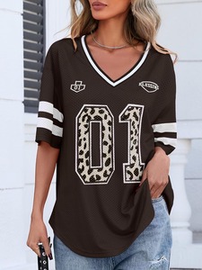 <b>Women</b> V Neck <b>Mesh</b> T-Shirt Short Sleeve Leopard Print 01 Number Loose Fit Sporty Style Spring Summer Wear - Product Image 1