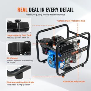 Pompa per rifiuti a benzina da 6,5 HP, 132 GPM, motore a 4 tempi, sollevamento massimo 98 piedi, pompa per trasferimento acqua con portata massima 26 piedi, per piscina, 2 pollici/50 mm - Product Image 5