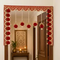 Toran brodé de roses rouges artificielles de qualité supérieure, avec pompons perlés et dentelle dorée, en plastique écologique, fait main, pour décoration de porte et de maison