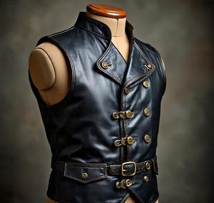 <b>Black</b> Genuine Leather Double Breasted <b>Vest</b> Stand Collar Button Closure Moto Biker Outerwear - Product Image 1