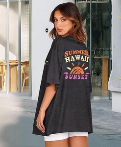 T-shirt décontracté pour femme en jersey de coton gris à col rond et manches courtes, coupe ample, imprimé, respirant, printemps-été - Product Image 3