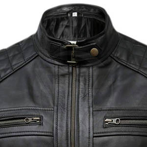 Chaqueta de motorista de piel de vaca de invierno para hombre personalizada al por mayor chaqueta de cuero negro con cuello levantado de nuevo diseño - Product Image 5