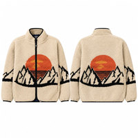 Veste en polaire au style unique avec broderie coucher de soleil en montagne, col montant, fermeture éclair, doublure chaude en sherpa, manteau d'hiver en laine
