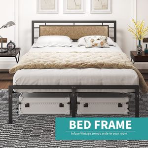 Struttura letto matrimoniale in metallo con testiera imbottita in similpelle, base a piattaforma marrone rustico vintage - Product Image 2
