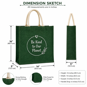 Bolsa de compras de yute Be Kind To Our Planet, 16x14x5 pulgadas, verde, reutilizable, con costuras resistentes y fuelle ancho - Product Image 2