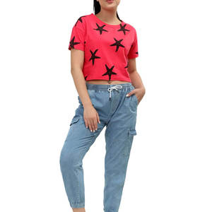 Camiseta Corta Informal para Mujer, Tejido de Algodón Suave, Cuello Redondo, Manga Corta, Corte Regular Cómodo, Camiseta Corta Básica y Elegante para Mujer - Product Image 1