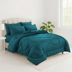 Juego de Edredón Esmeralda Reversible con Patrón Azul y Blanco, Cosido, 100% Algodón T-150, Transpirable para Todas las Estaciones, Uso Doméstico - Product Image 1