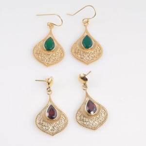 <b>Gold</b> Plated Green Onyx Filigree <b>Dangle</b> <b>Earrings</b> Pear Shape Gemstone Boho Vintage Statement Jewelry for Women - Product Image 3