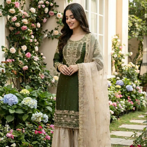Ensemble Kurti en soie de luxe – Plazzo de créateur avec broderie et dupatta ornée de rivets et de perles - Product Image 1