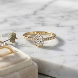 0.45CTW Pear Round Bezel Pave Solitaire Setting Minimalist <b>Diamond</b> <b>Ring</b> - Product Image 1