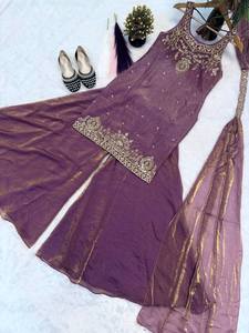Purple Traditional Indian Pakistani Wedding <b>Dress</b> Women Floor-Length Polyester Embroidered Loose Fit Set - Product Image 2