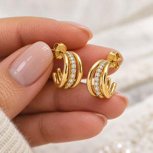 Trendy 925 Sterling <b>Silver</b> Gold Vermeil Double Row Pave Half <b>Hoop</b> <b>Earrings</b> <b>for</b> <b>Women</b>-Wedding & Party Gift - Product Image 4