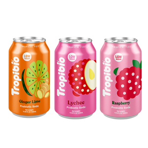 Soda prébiotique Tropibio 330 ml en canette, faible teneur en sucre, saveurs fruitées, boisson gazeuse - Product Image 1