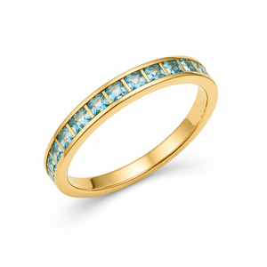 14K Yellow Gold 925 Sterling Silver Blue Topaz Princess Cut Channel <b>Set</b> Stackable Band <b>Ring</b> <b>Women</b> Fine Jewelry - Product Image 1