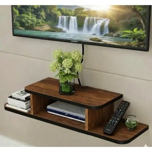 Walnut Wood Traditional Asymmetrical <b>TV</b> <b>Stand</b> Wall Shelf-Single Tier Durable Living Room Furniture Handcrafted India - Product Image 1