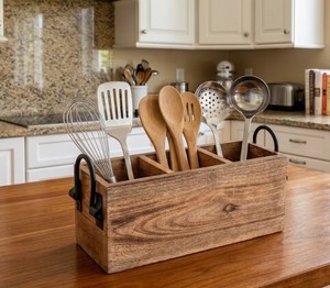 Rustic Acacia Wood Storage <b>Caddy</b> with Metal Handles Three Compartment Organizer Box for <b>Kitchen</b> Bathroom Office and Home Use - Product Image 5