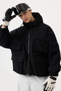 Unisex Corduroy Hooded Safari <b>Jacket</b> Set <b>Waterproof</b> Workwear Style <b>Winter</b> Thick Pockets Zipper Closure Solid Color Loose Fit - Product Image 2