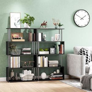 Moderna libreria in legno a forma di S a 5 livelli mensola nera per la casa e l'ufficio a scopo decorativo - Product Image 4