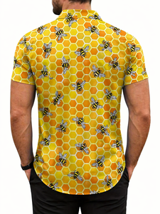 Chemise décontractée d'été pour homme, 300 grammes, respirante, anti-boulochage, en tissu satiné, à manches courtes, motif abeilles imprimé - Product Image 2