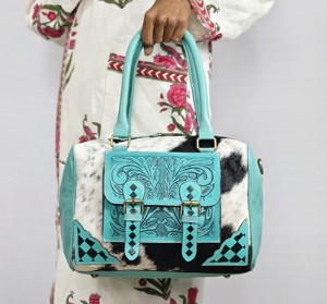 2026 New Luxury Turquoise Genuine Leather <b>Duffel</b> <b>Bag</b> With Cowhide Pattern And Florals Tooling Design Double Handle Carry Handbag - Product Image 2