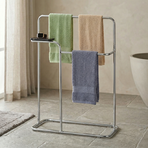 Porte-serviettes autoportant moderne en chrome à 3 barres avec étagère de rangement pour salle de bain, support à serviettes mobile - Product Image 2