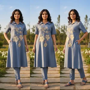 Robe midi brodée florale bleue pour femme, col chemise, manches courtes, style kurta décontracté, avec pantalon assorti, ensembles pour femmes - Product Image 3