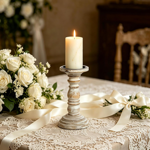 Support de bougie pilier en bois blanc vieilli de 8 pouces, style rustique, pour décoration vintage - Product Image 4