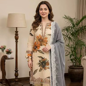 Kurti en mousseline imprimée élégante avec broderie et dentelle, palazzo et dupatta en georgette – Ensemble pour tous les jours et les fêtes - Product Image 1