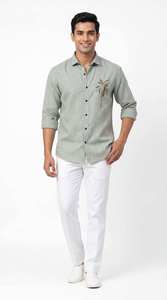 Chemise en lin pour homme, broderie raffinée, manches longues, col ouvert, coupe classique, boutonnée sur le devant, style décontracté chic, haut tendance pour les vacances -DC - Product Image 2