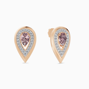 Boucles d'oreilles clous en or rose et morganite, forme goutte d'eau, serties de diamants ronds taille brillant, bijoux de luxe pour femme, pour mariage - Product Image 2