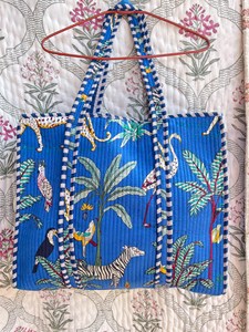 Bolso Tote de Algodón Azul Hecho a Mano con Estampado de Bloques en Lona, Estilo Bohemio, Casual, con Cierre, para Compras, Uso Diario para Mujeres - Product Image 2