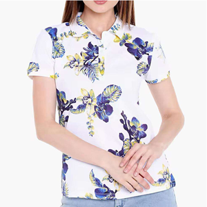เสื้อโปโลพิมพ์ลายดอกไม้สำหรับผู้หญิง แขนสั้น สไตล์ลำลอง ผ้าทอ สีขาว ลายสีน้ำเงินเหลือง - Product Image 6