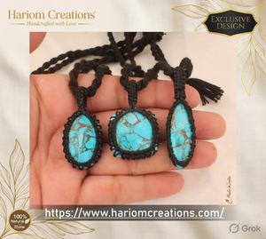 Collier Bohème en Macramé Turquoise Fait Main avec Pendentif en Pierre Naturelle, Bijou de Guérison, Cordon Noir et Tassel - Product Image 3