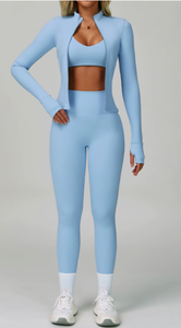 Women Solid Color Seamless Yoga Sports Bra Set Medium <b>Support</b> Long Sleeve <b>Crop</b> <b>Top</b> With High Waist Leggings For Fitness Yoga - Product Image 4