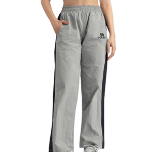 Pantalon large pour femme, gris uni, avec bande latérale, taille élastique, coupe ample, longueur complète, décontracté, en tissu Oxford - Product Image 1
