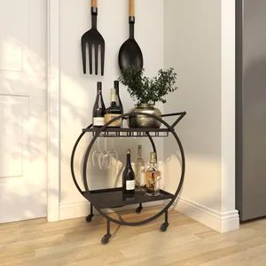 Minimalist Round Metal Bar Cart with Glass Shelves and Bottle <b>Rack</b> for Party Use - Product Image 1